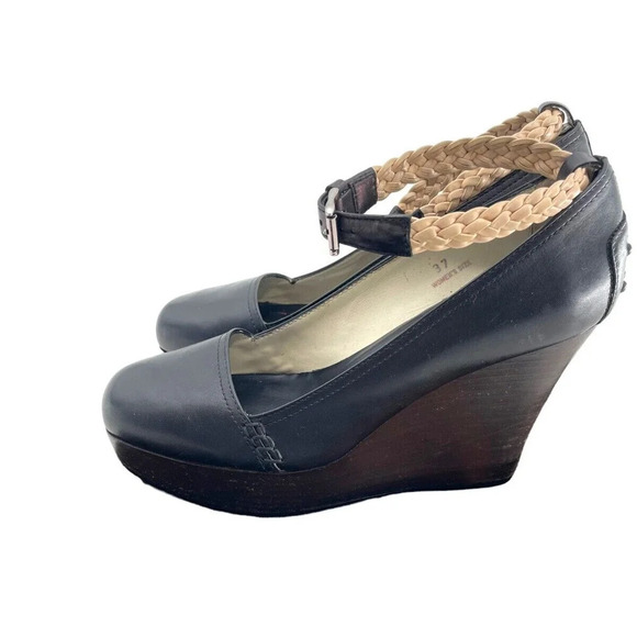 TOD'S Womens size US 7 Black Leather Platform Wedge Shoes Strap EU 37 Dust Bag - Picture 3 of 16